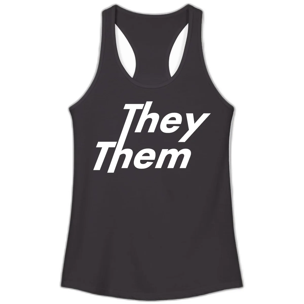 White italicized text reading 'they them' stacked vertically on gray background, pronoun pride design in Black