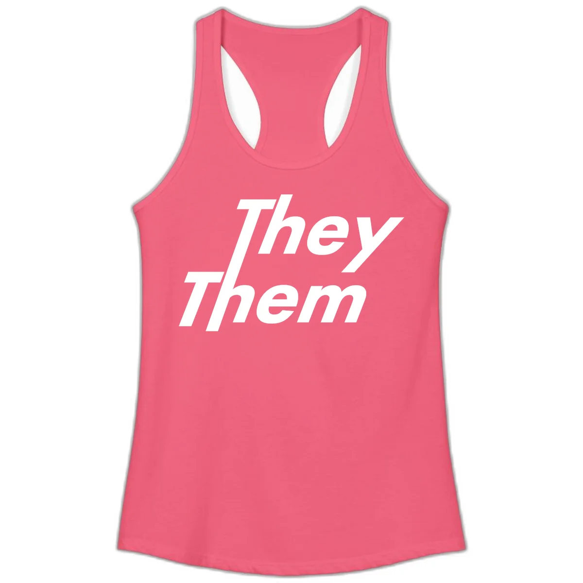 White italicized text reading 'they them' stacked vertically on gray background, pronoun pride design in Hot Pink