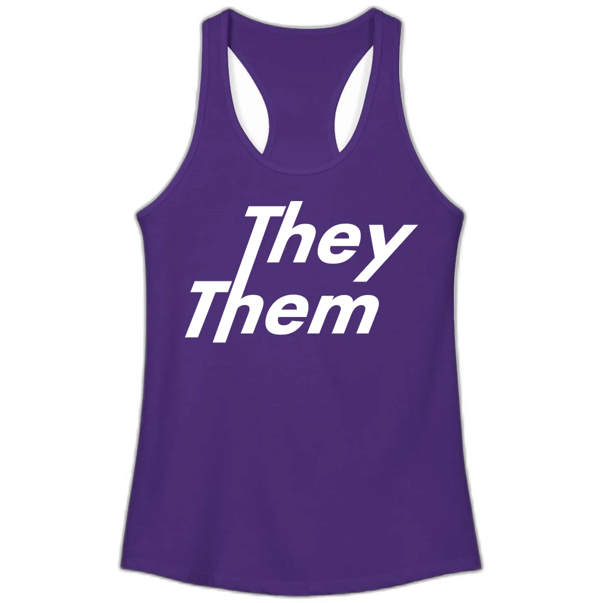 White italicized text reading 'they them' stacked vertically on gray background, pronoun pride design in Solid Purple Rush