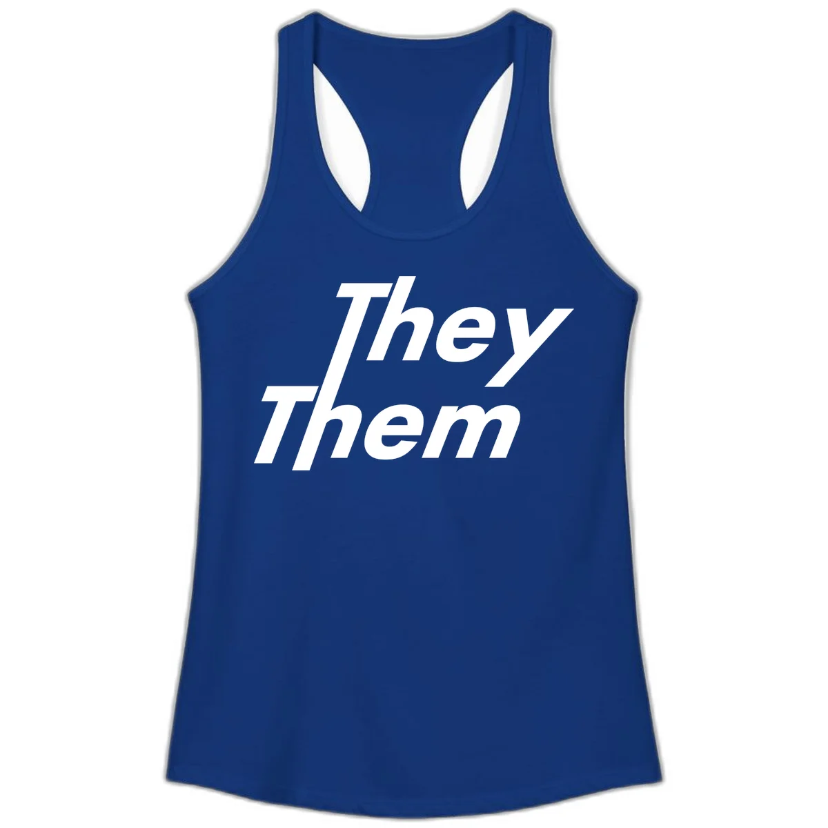 White italicized text reading 'they them' stacked vertically on gray background, pronoun pride design in Solid Royal