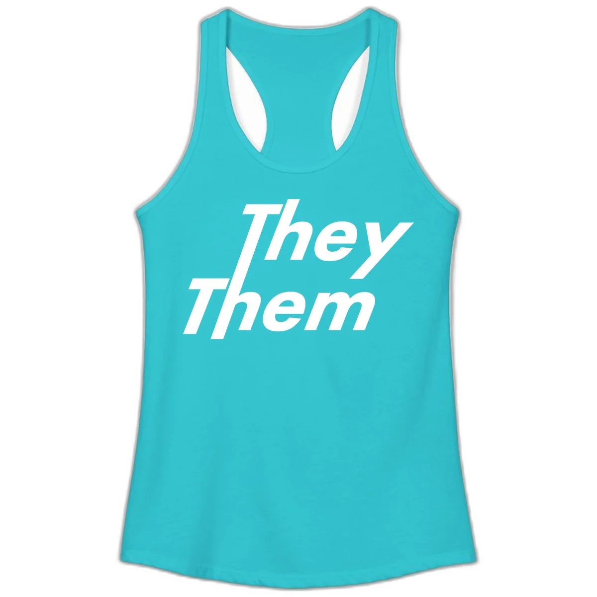 White italicized text reading 'they them' stacked vertically on gray background, pronoun pride design in Solid Tahiti Blue