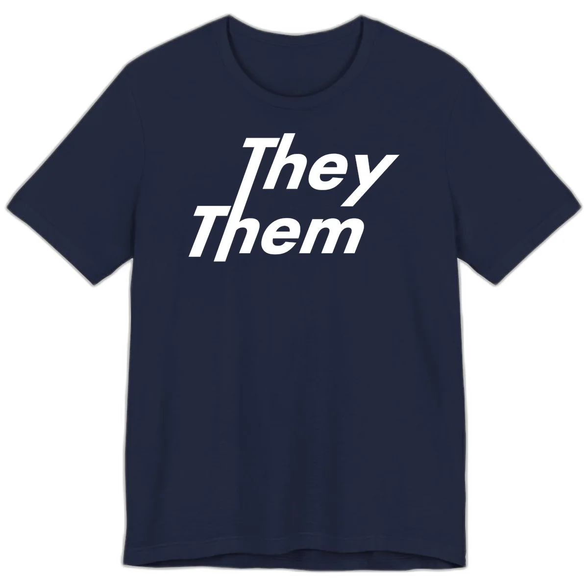 White italicized text reading 'they them' stacked vertically on gray background, pronoun pride design in Navy