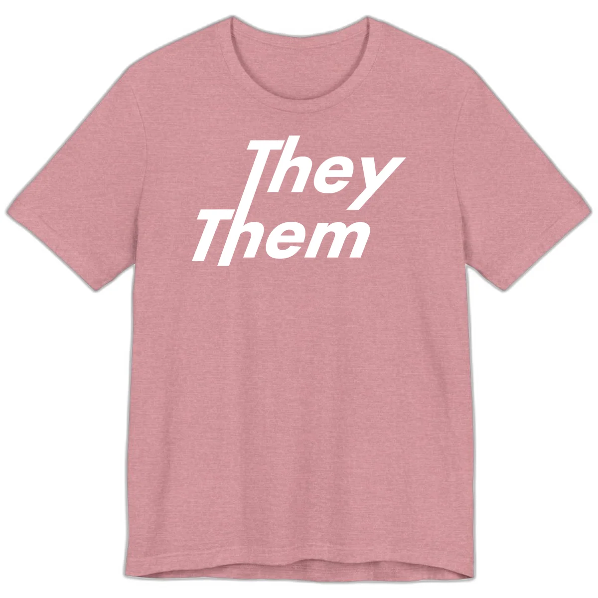 White italicized text reading 'they them' stacked vertically on gray background, pronoun pride design in Heather Orchid