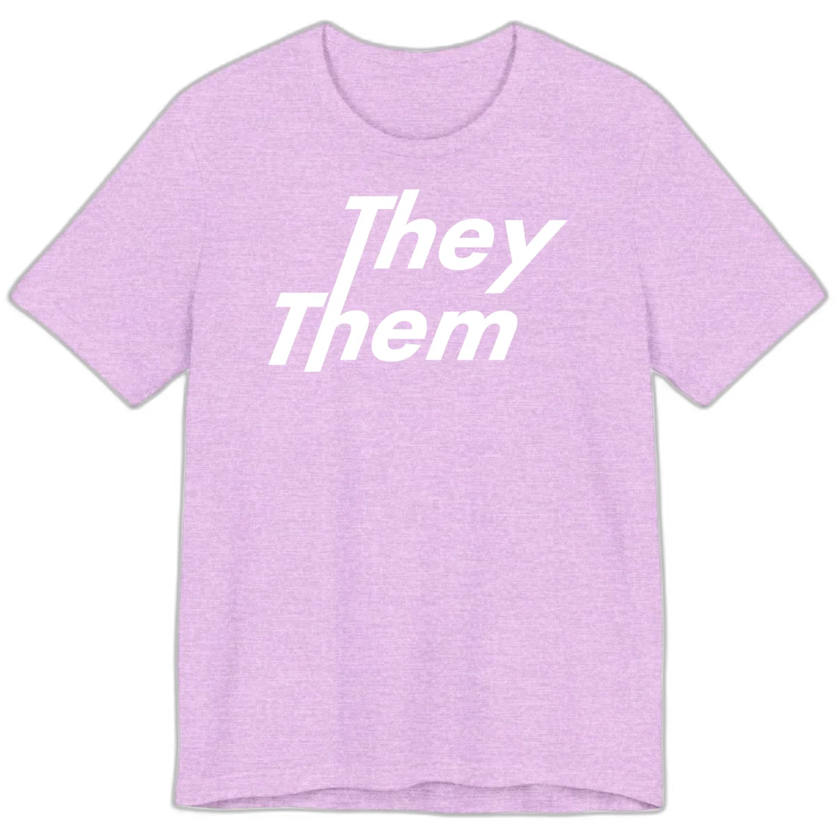 White italicized text reading 'they them' stacked vertically on gray background, pronoun pride design in Heather Prism Lilac