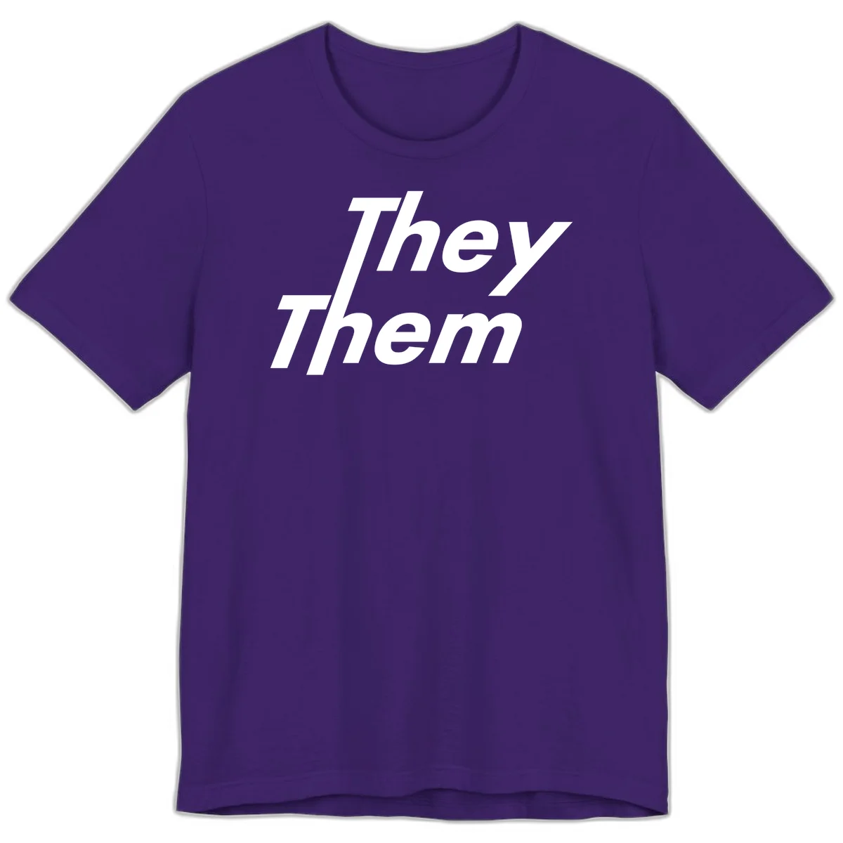 White italicized text reading 'they them' stacked vertically on gray background, pronoun pride design in Team Purple