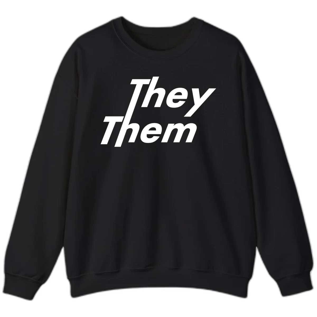 White italicized text reading 'they them' stacked vertically on gray background, pronoun pride design in Black