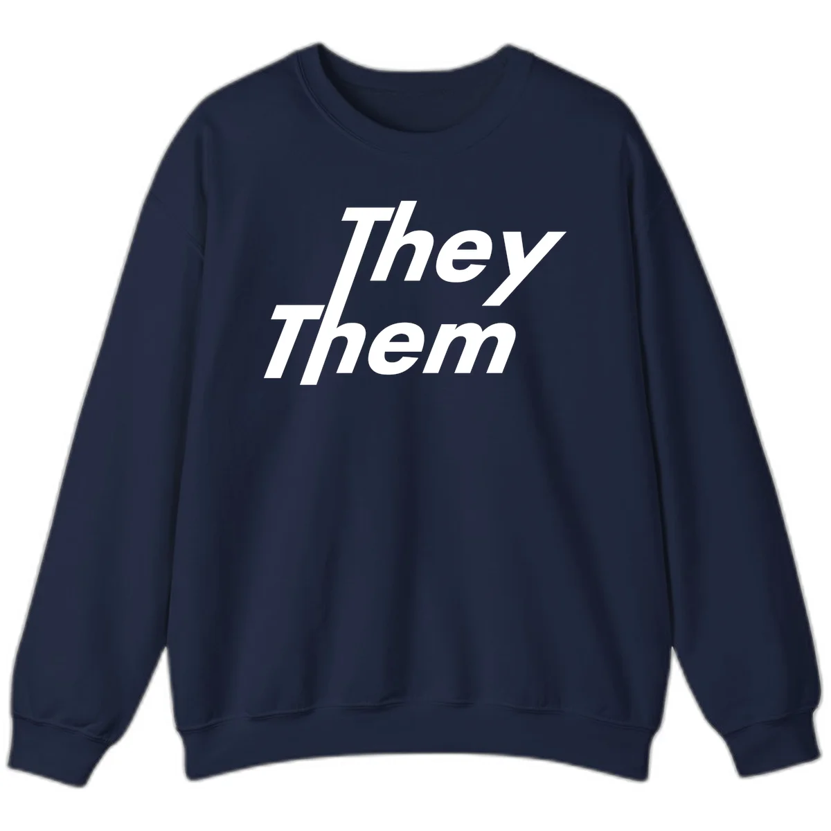 White italicized text reading 'they them' stacked vertically on gray background, pronoun pride design in Navy