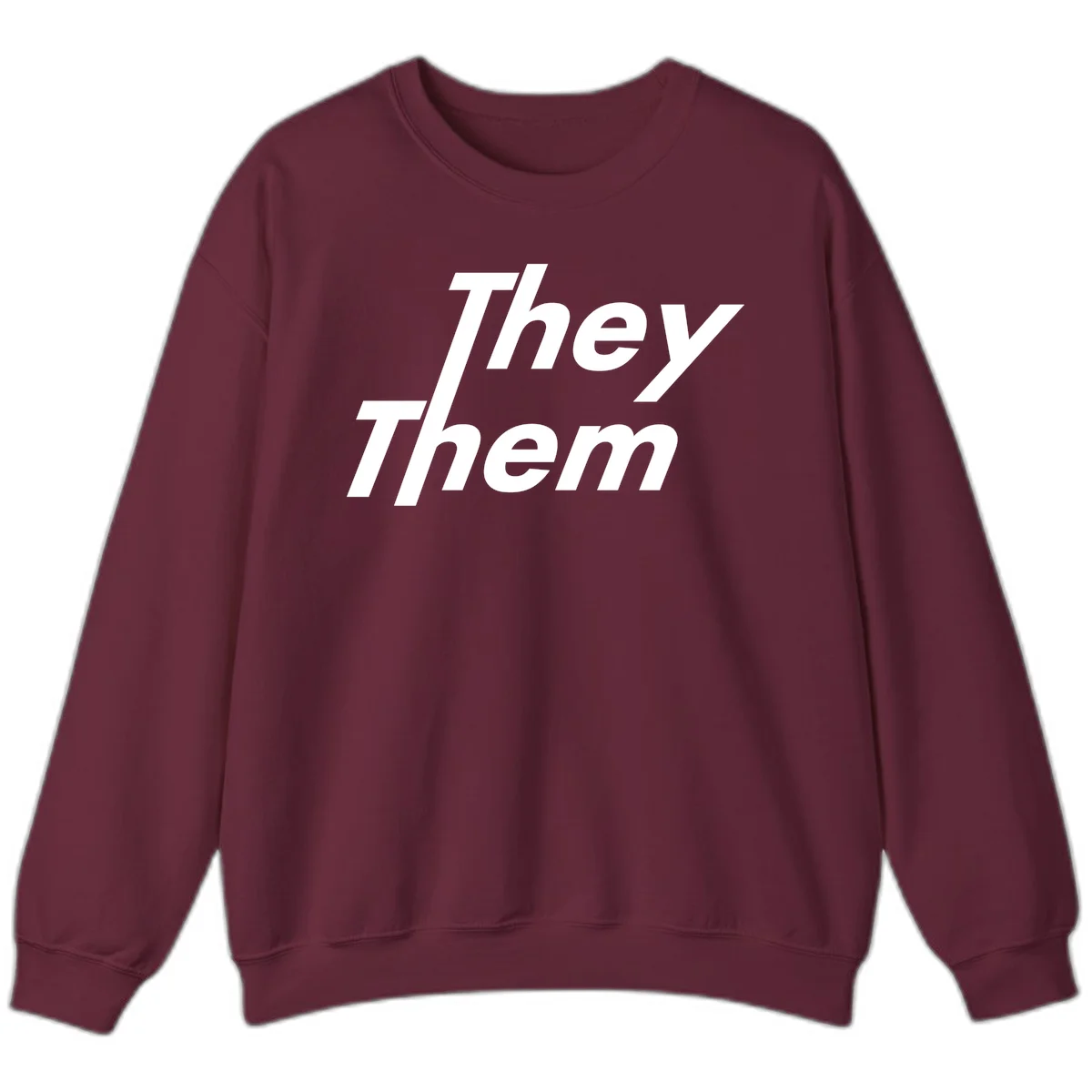 White italicized text reading 'they them' stacked vertically on gray background, pronoun pride design in Maroon
