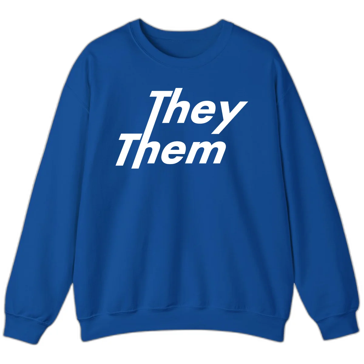 White italicized text reading 'they them' stacked vertically on gray background, pronoun pride design in Royal