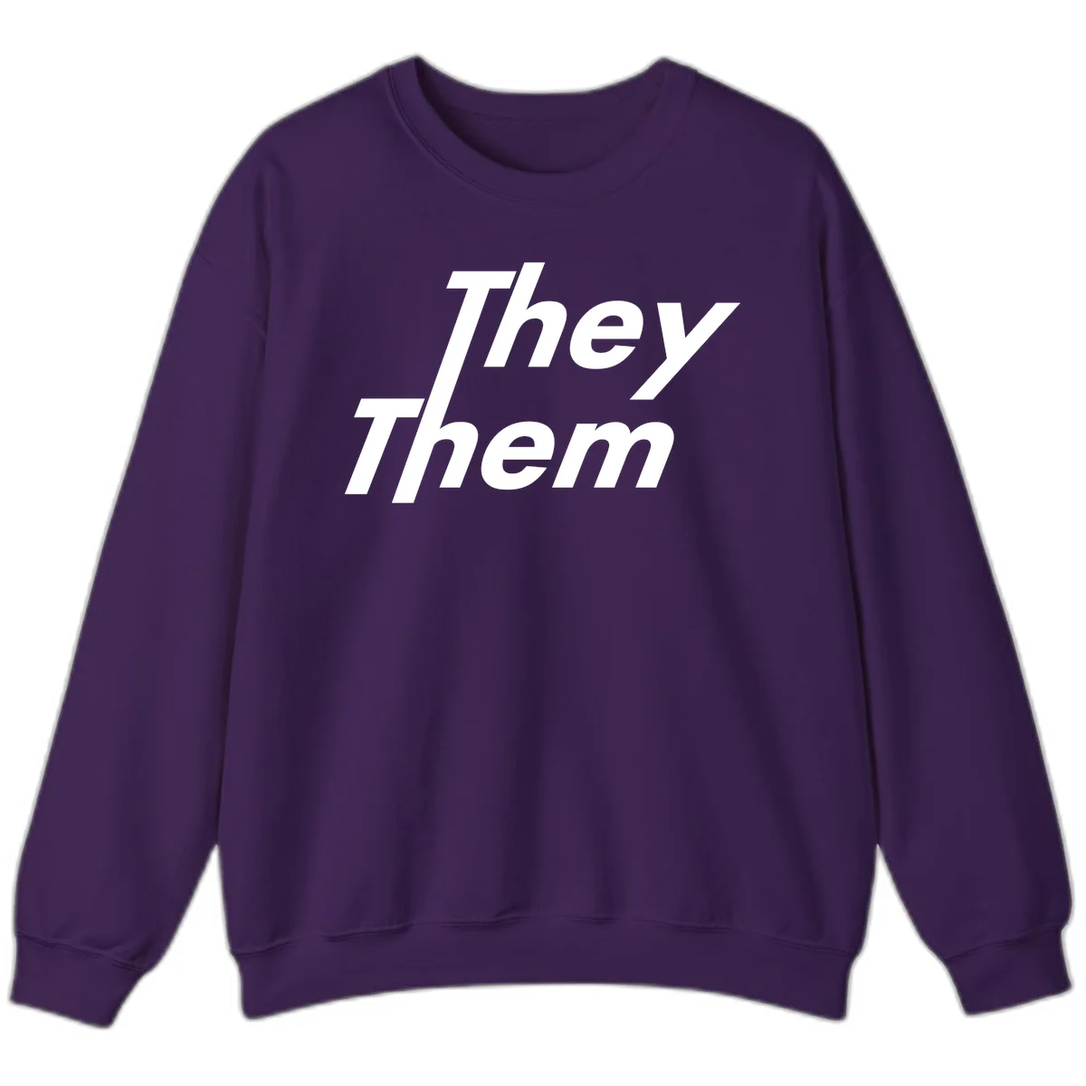 White italicized text reading 'they them' stacked vertically on gray background, pronoun pride design in Purple