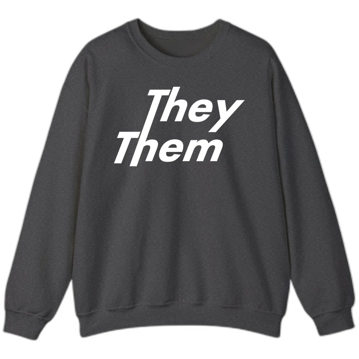White italicized text reading 'they them' stacked vertically on gray background, pronoun pride design in Dark Heather