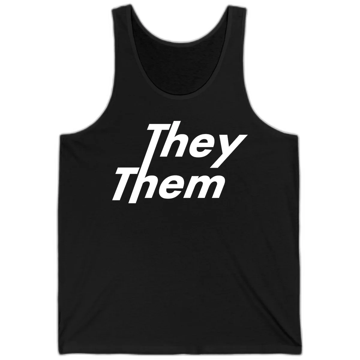 White italicized text reading 'they them' stacked vertically on gray background, pronoun pride design in Black