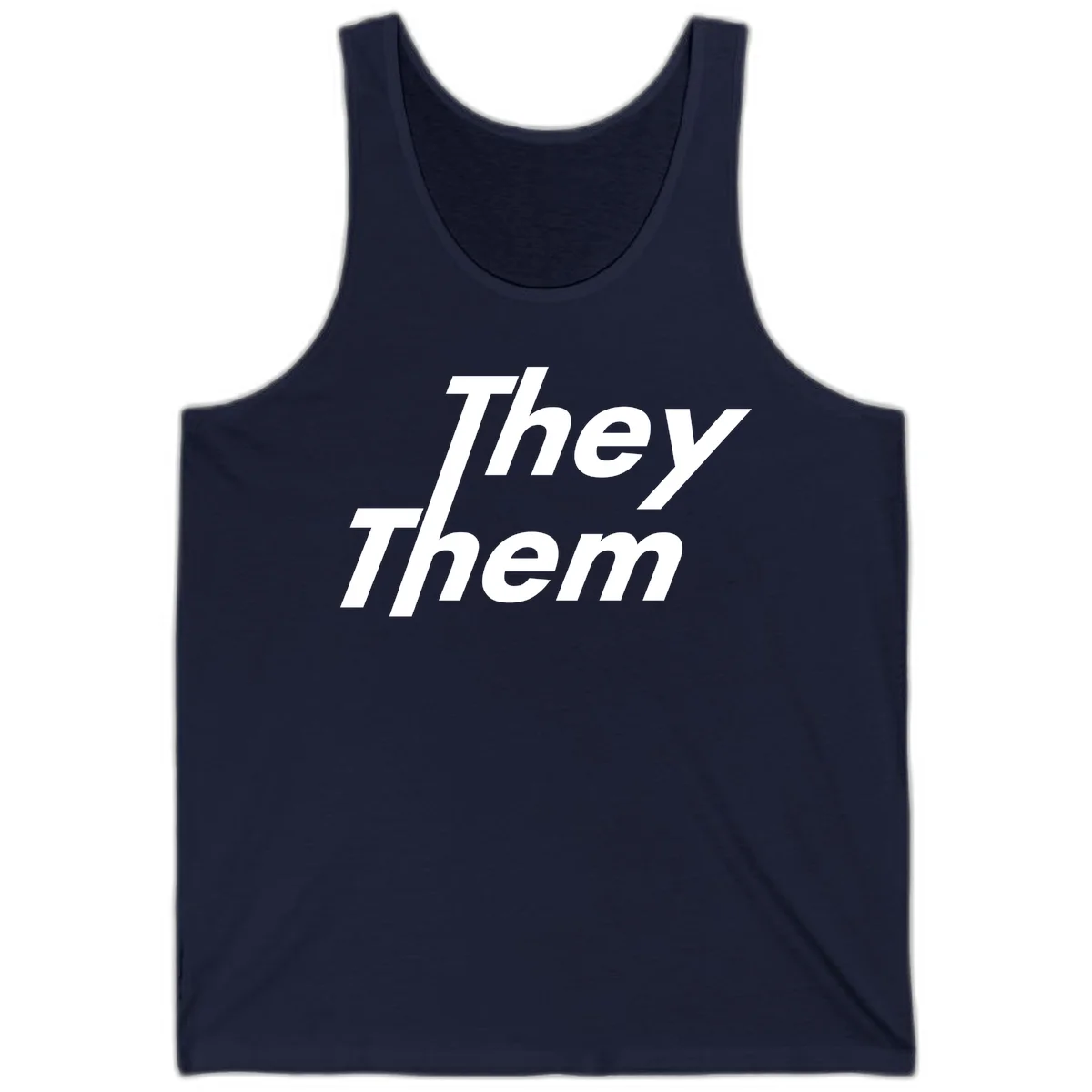 White italicized text reading 'they them' stacked vertically on gray background, pronoun pride design in Navy