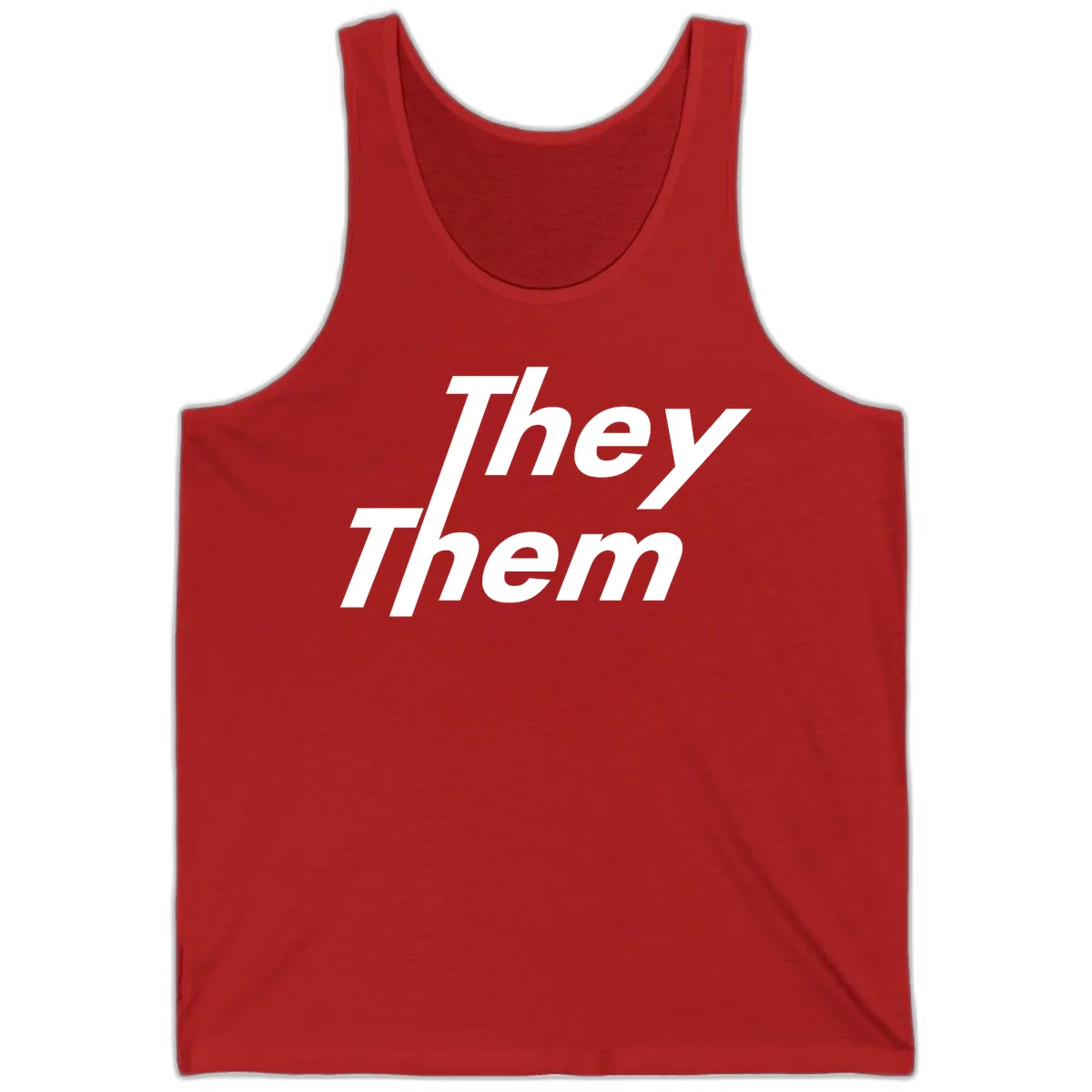 White italicized text reading 'they them' stacked vertically on gray background, pronoun pride design in Red