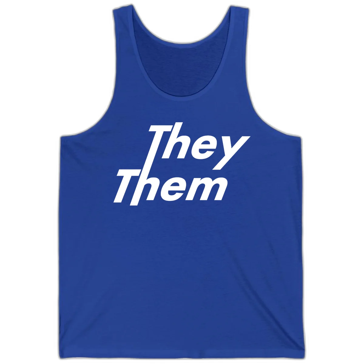 White italicized text reading 'they them' stacked vertically on gray background, pronoun pride design in True Royal