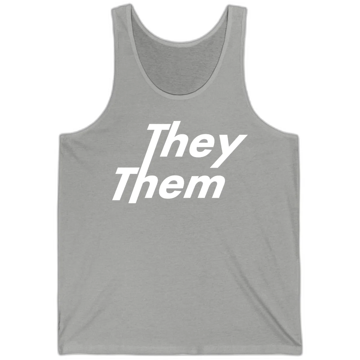 White italicized text reading 'they them' stacked vertically on gray background, pronoun pride design in Athletic Heather