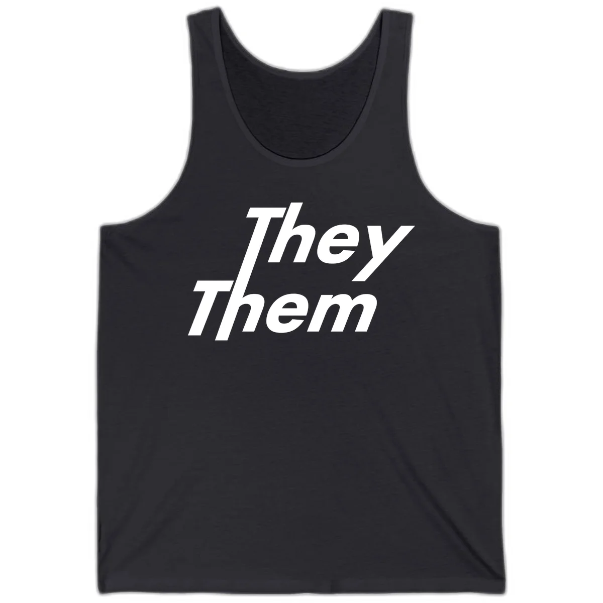 White italicized text reading 'they them' stacked vertically on gray background, pronoun pride design in Dark Grey