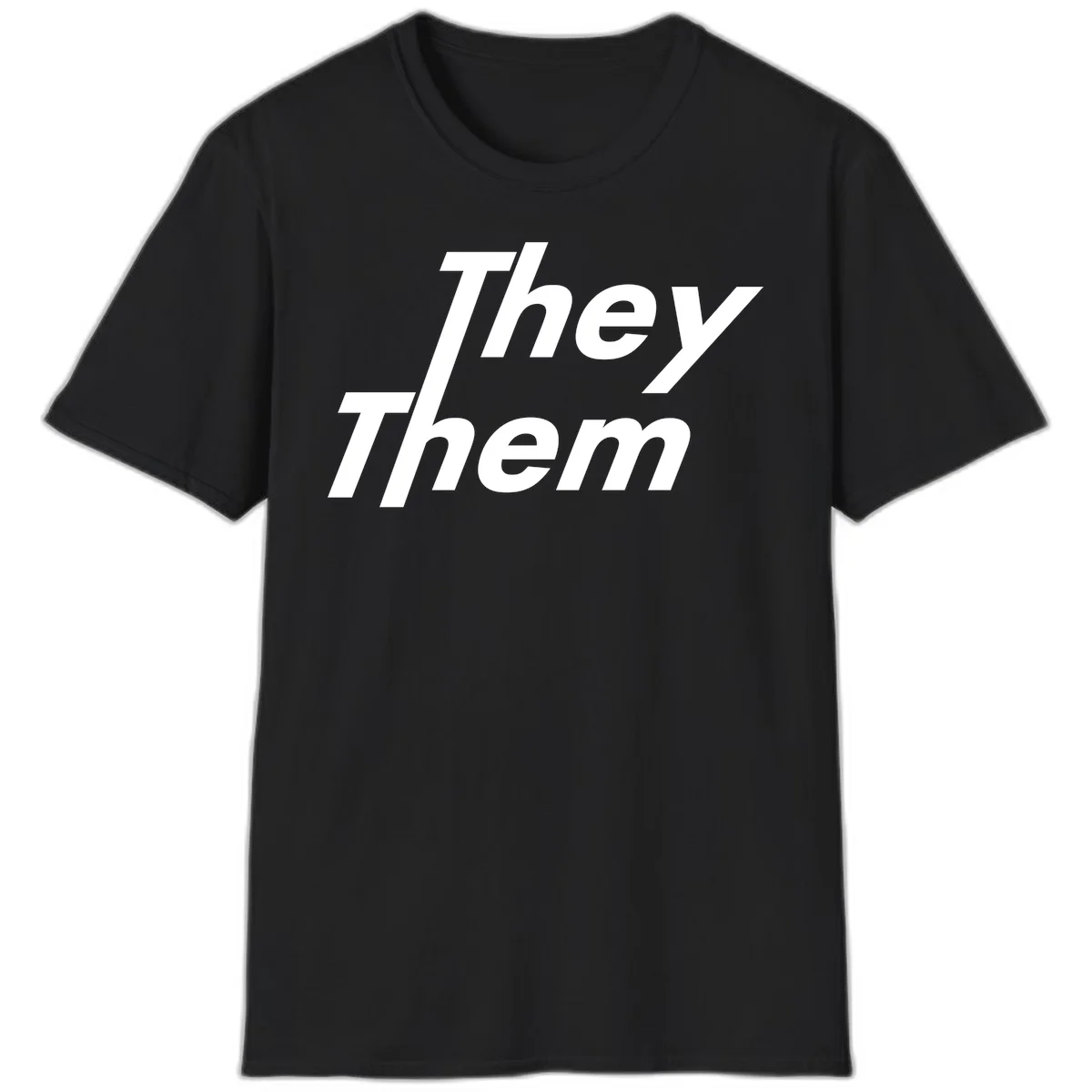 White italicized text reading 'they them' stacked vertically on gray background, pronoun pride design in Black