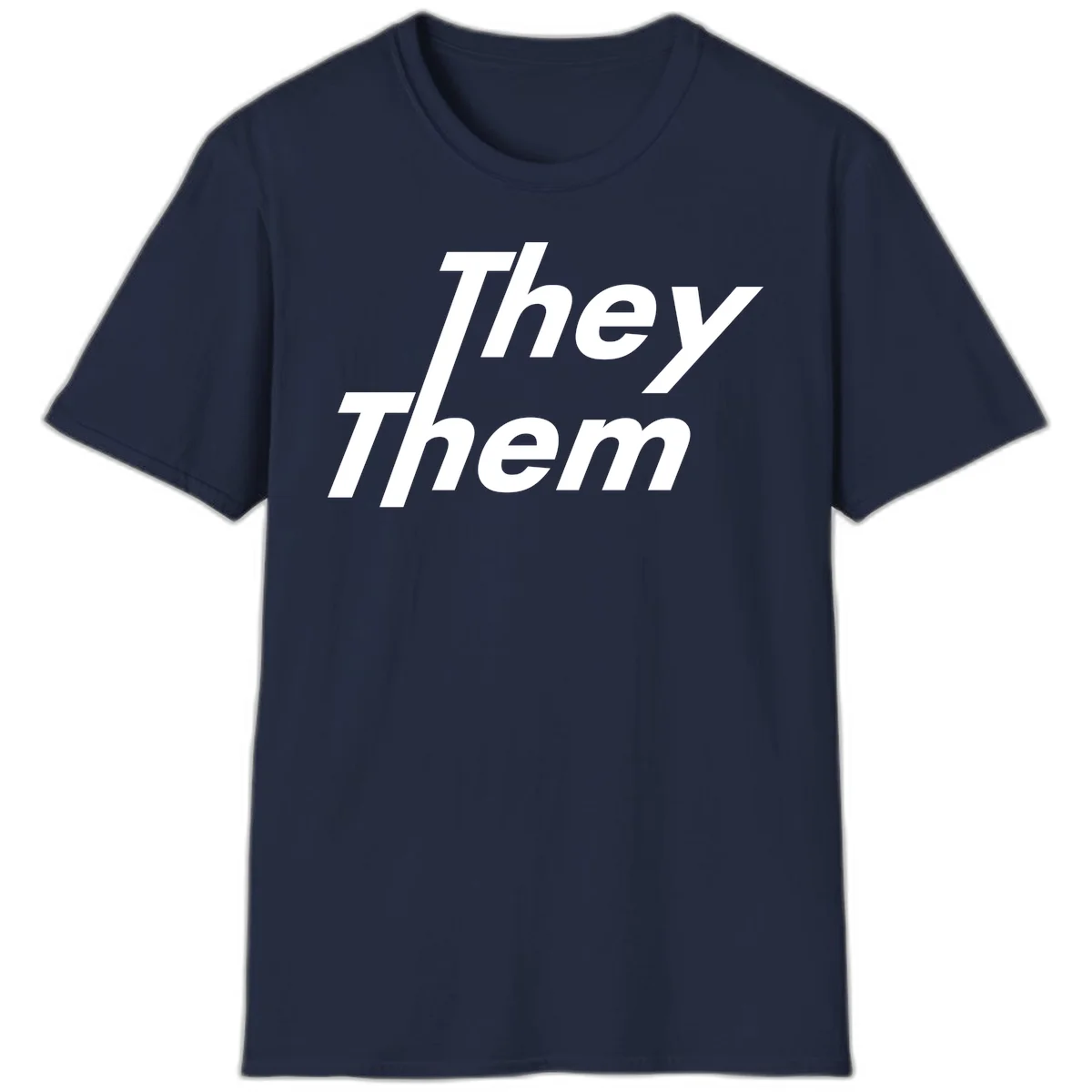 White italicized text reading 'they them' stacked vertically on gray background, pronoun pride design in Navy