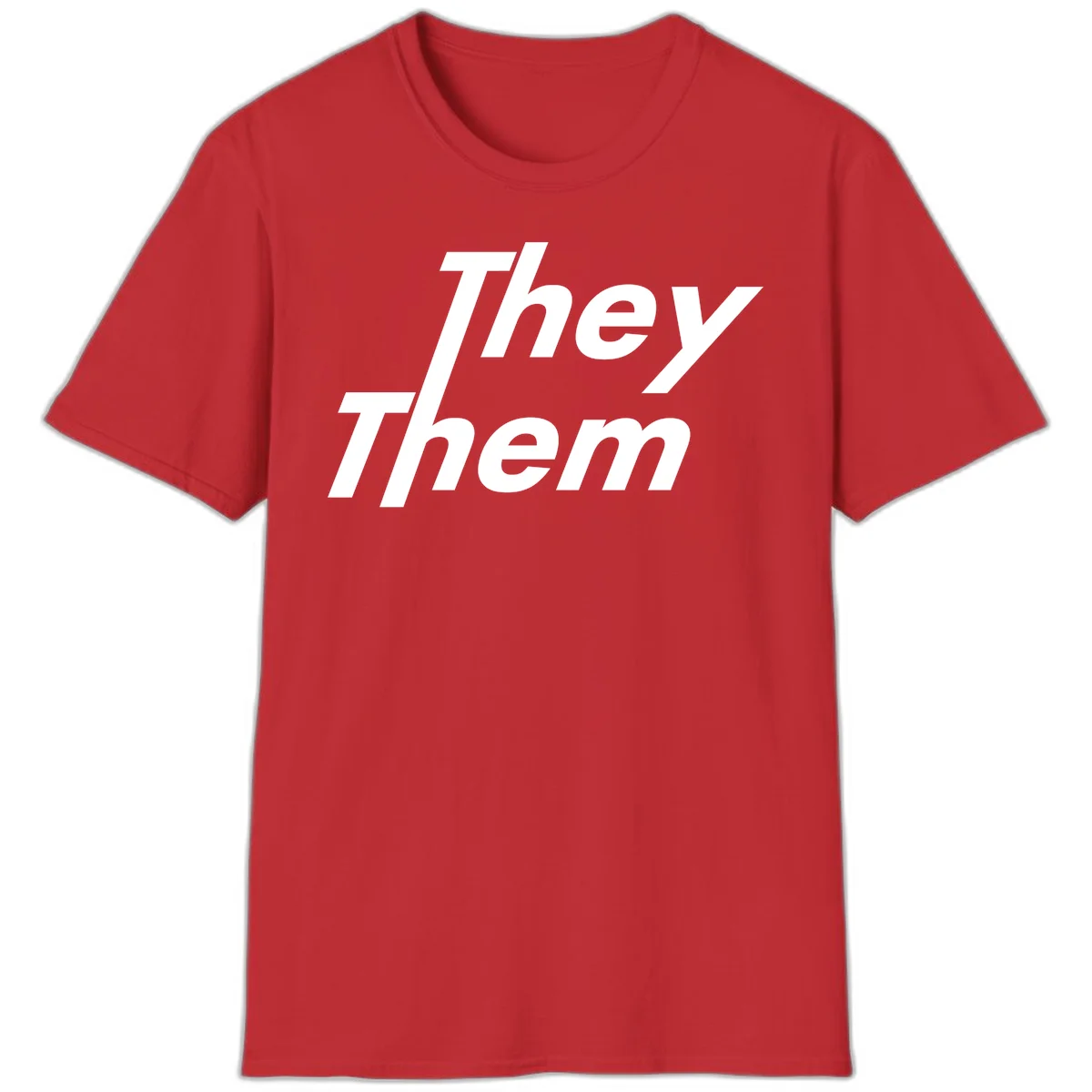 White italicized text reading 'they them' stacked vertically on gray background, pronoun pride design in Red