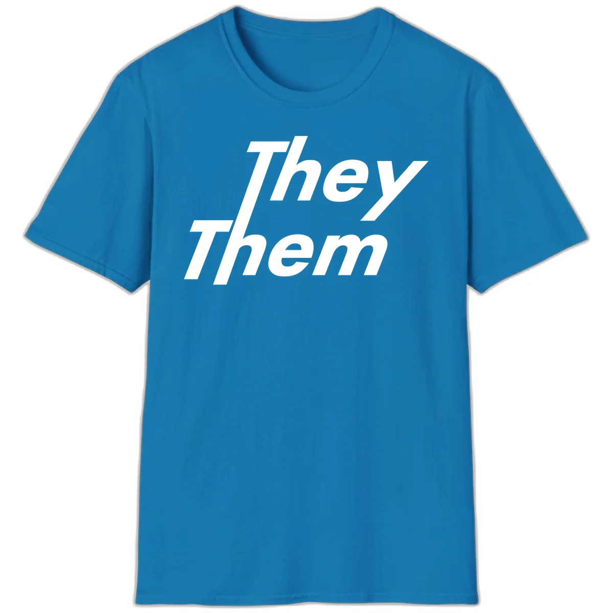 White italicized text reading 'they them' stacked vertically on gray background, pronoun pride design in Sapphire