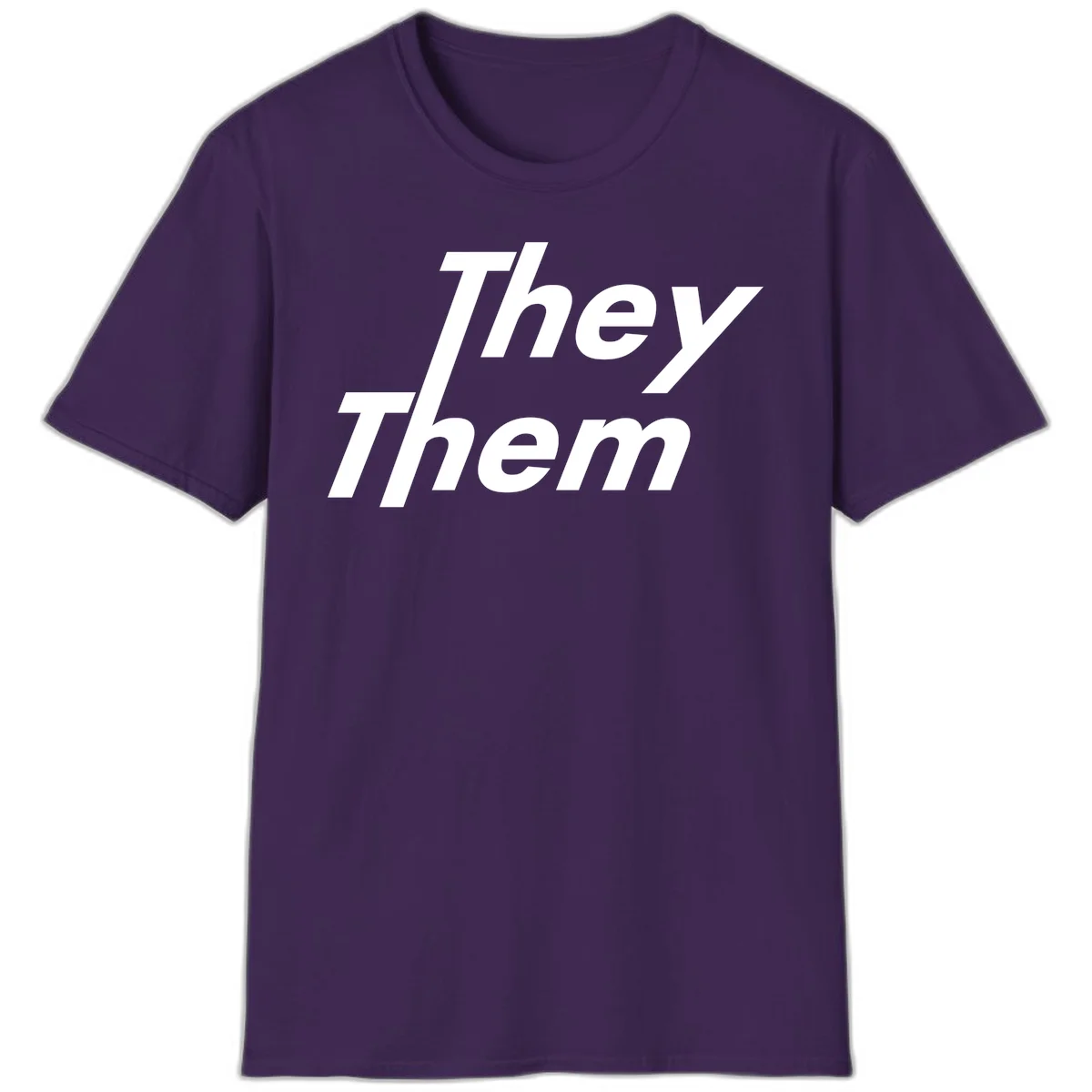 White italicized text reading 'they them' stacked vertically on gray background, pronoun pride design in Purple