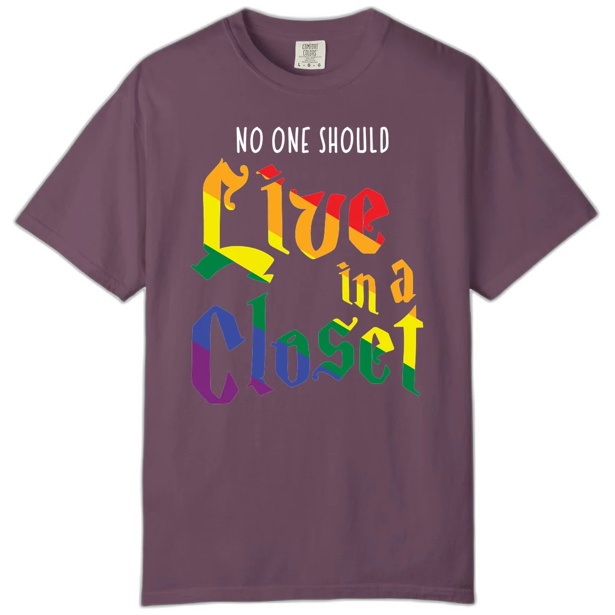 Rainbow gradient text reading 'NO ONE SHOULD LIVE IN A CLOSET' in bold, dimensional letters featuring pride flag colors on gray background in Berry