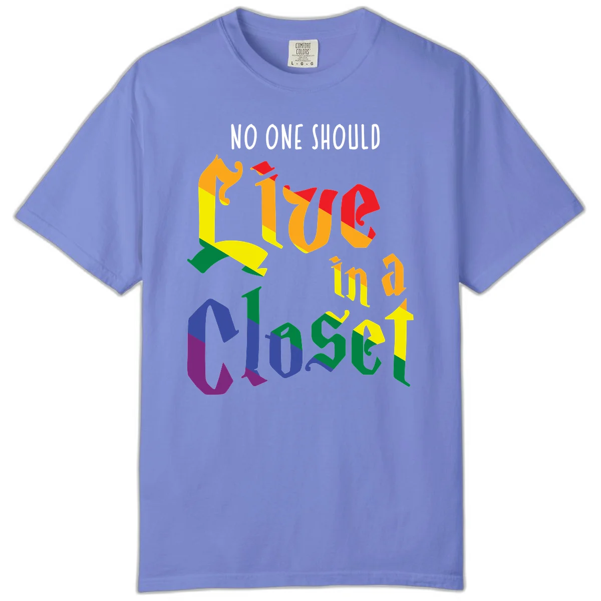 Rainbow gradient text reading 'NO ONE SHOULD LIVE IN A CLOSET' in bold, dimensional letters featuring pride flag colors on gray background in Flo Blue