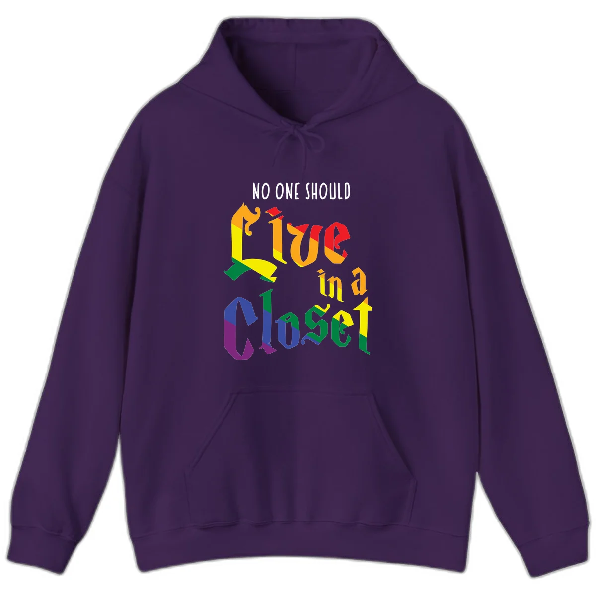 Rainbow gradient text reading 'NO ONE SHOULD LIVE IN A CLOSET' in bold, dimensional letters featuring pride flag colors on gray background in Purple