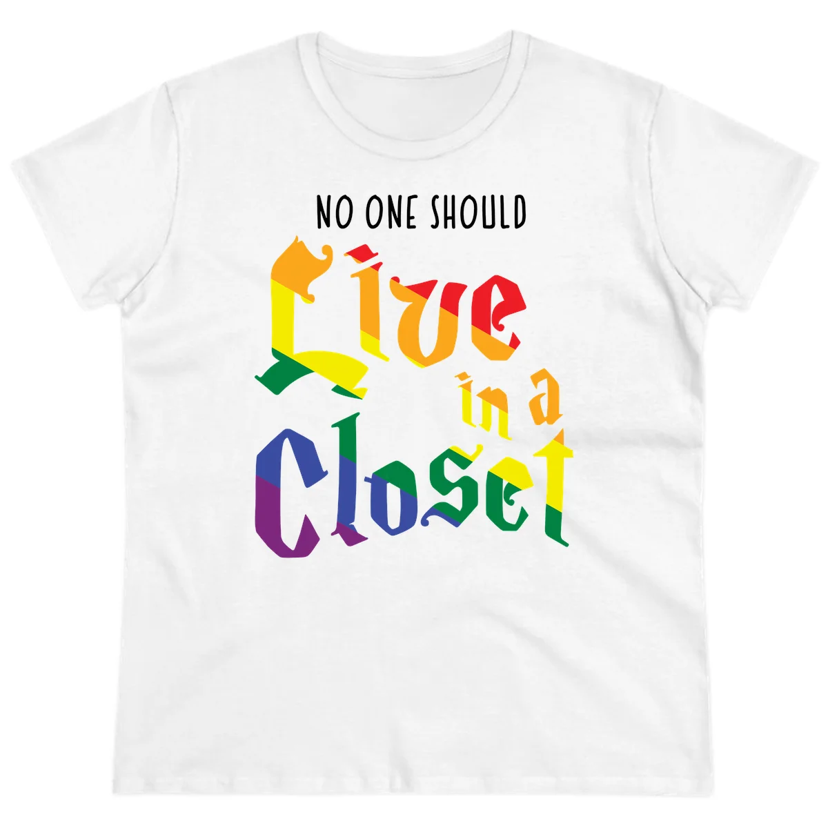 Rainbow gradient text reading 'NO ONE SHOULD LIVE IN A CLOSET' in bold, dimensional letters featuring pride flag colors on gray background in White