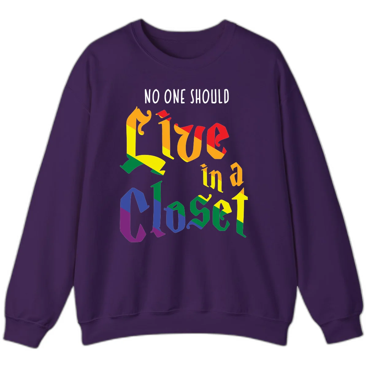 Rainbow gradient text reading 'NO ONE SHOULD LIVE IN A CLOSET' in bold, dimensional letters featuring pride flag colors on gray background in Purple