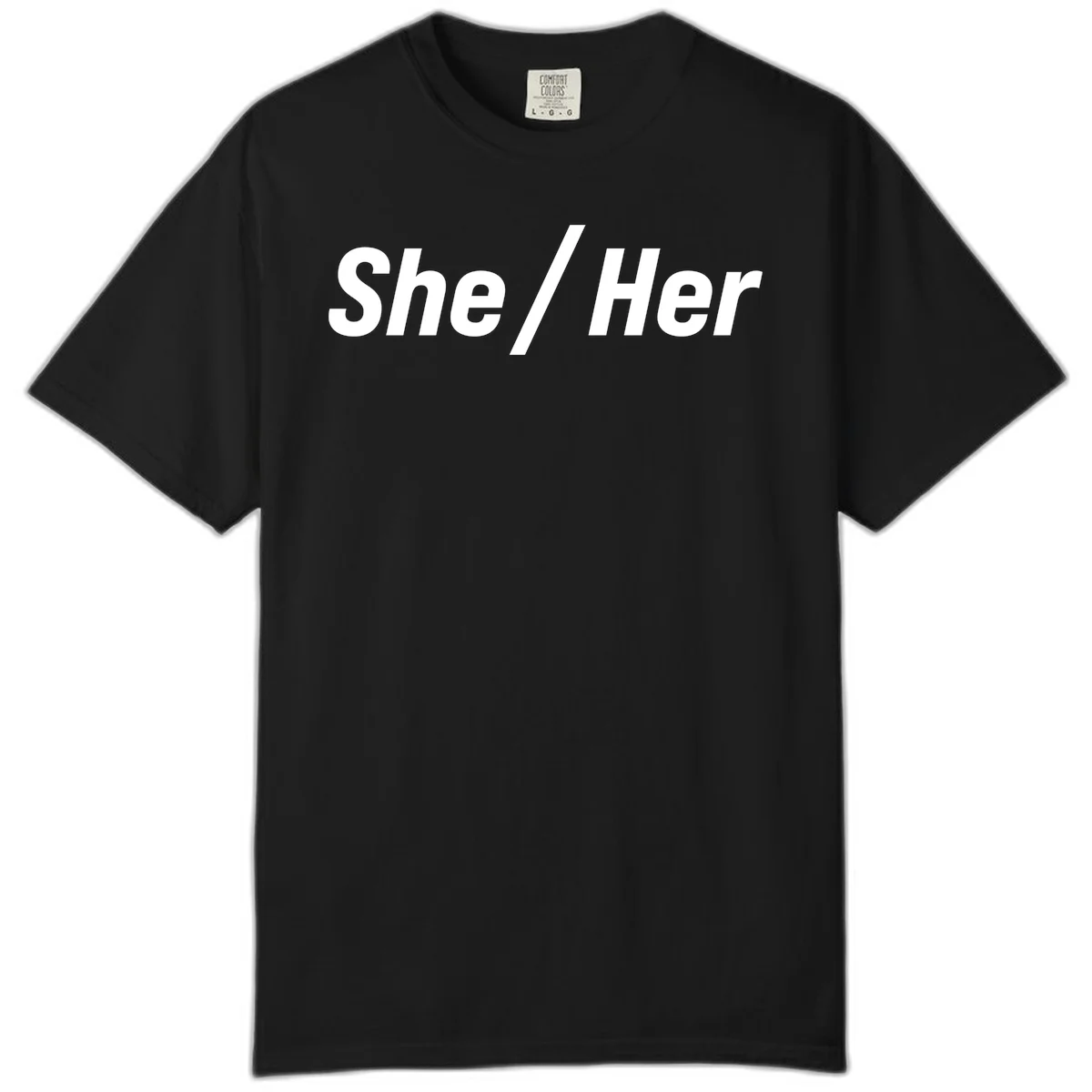 White text reading 'She / Her' in bold sans-serif font on gray background, pronoun statement design in Black