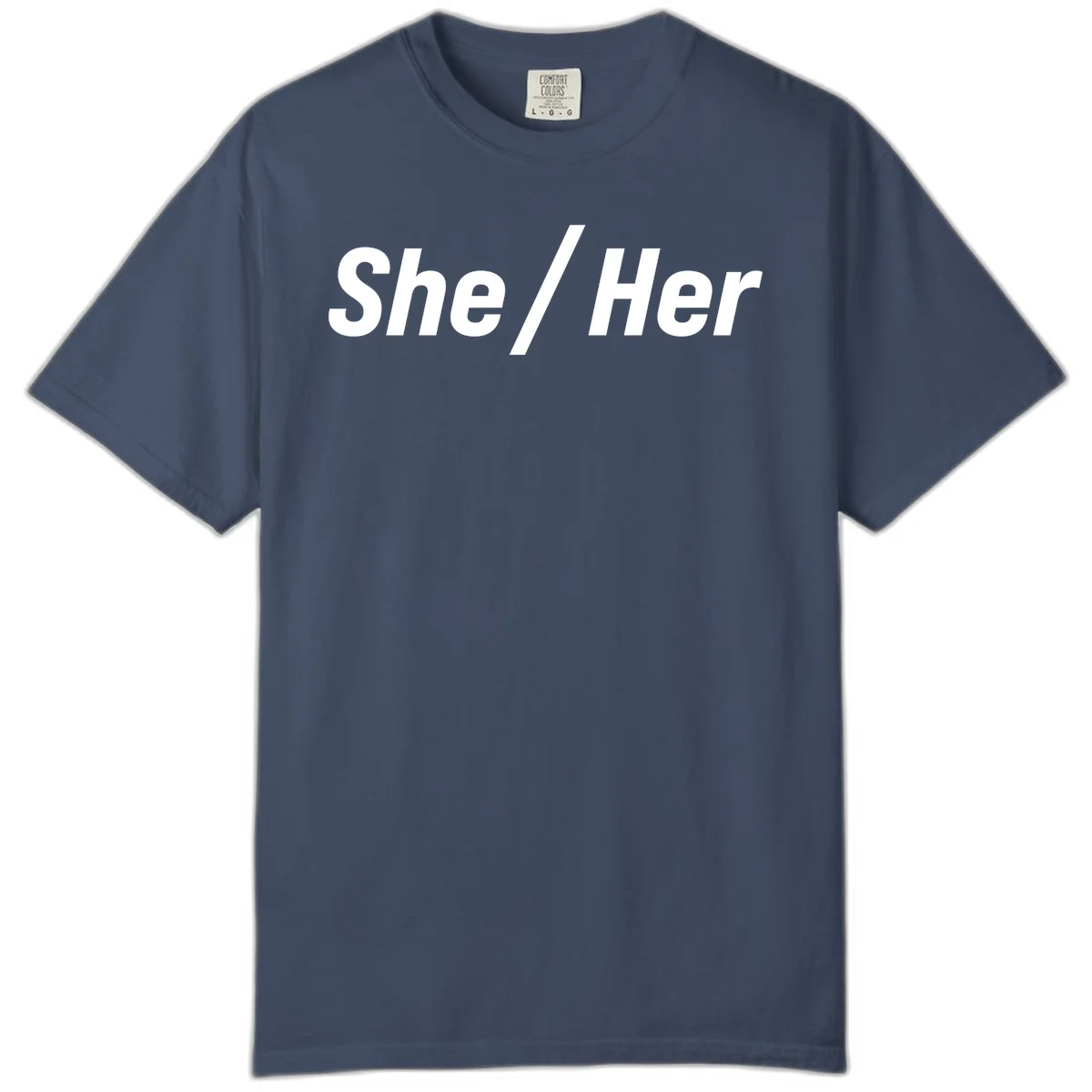White text reading 'She / Her' in bold sans-serif font on gray background, pronoun statement design in Midnight
