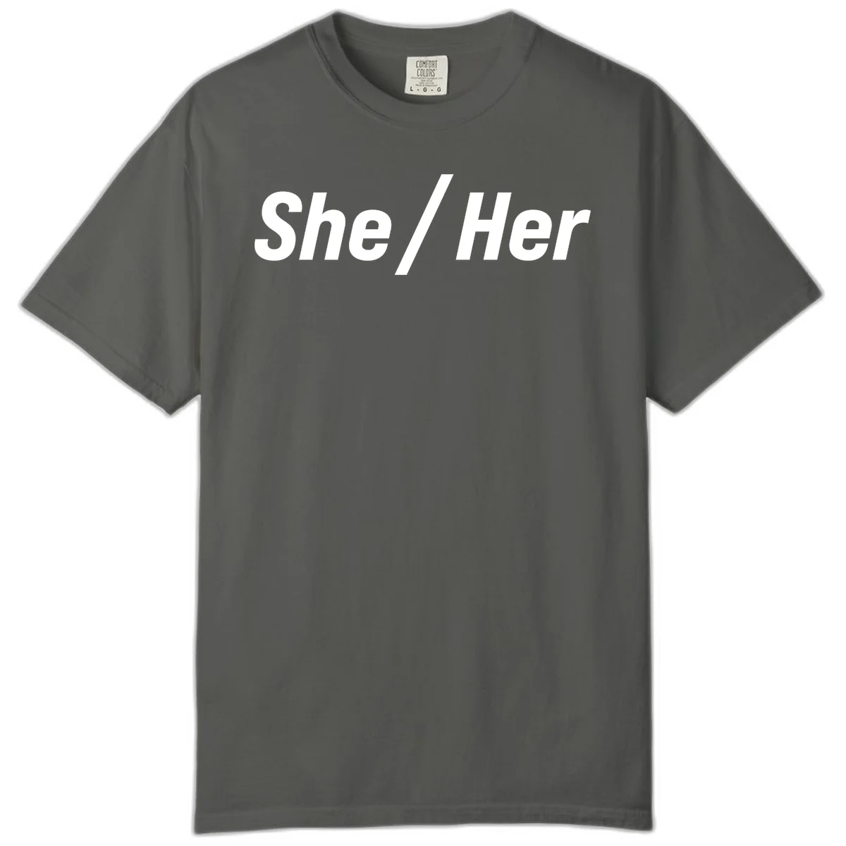 White text reading 'She / Her' in bold sans-serif font on gray background, pronoun statement design in Pepper