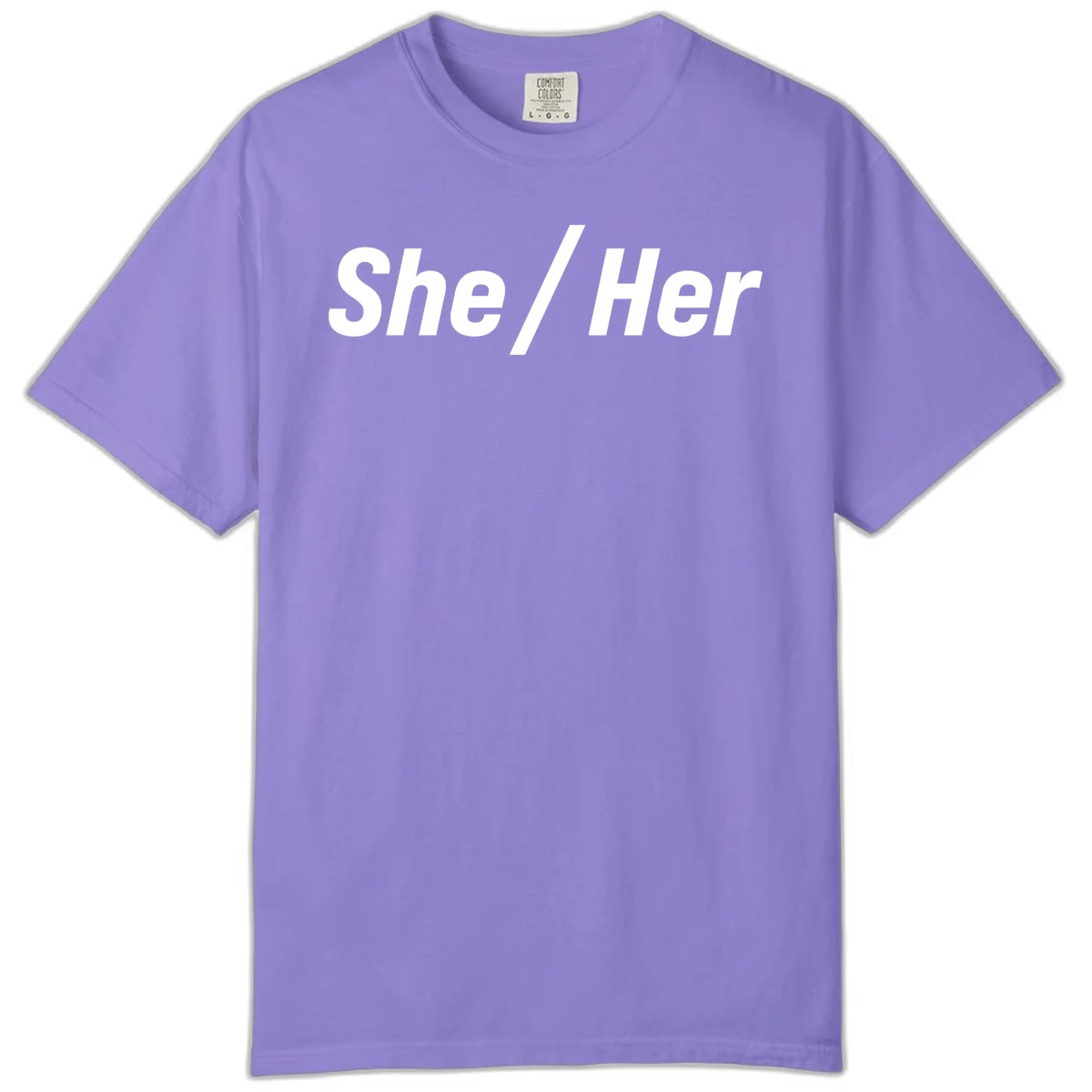 White text reading 'She / Her' in bold sans-serif font on gray background, pronoun statement design in Violet