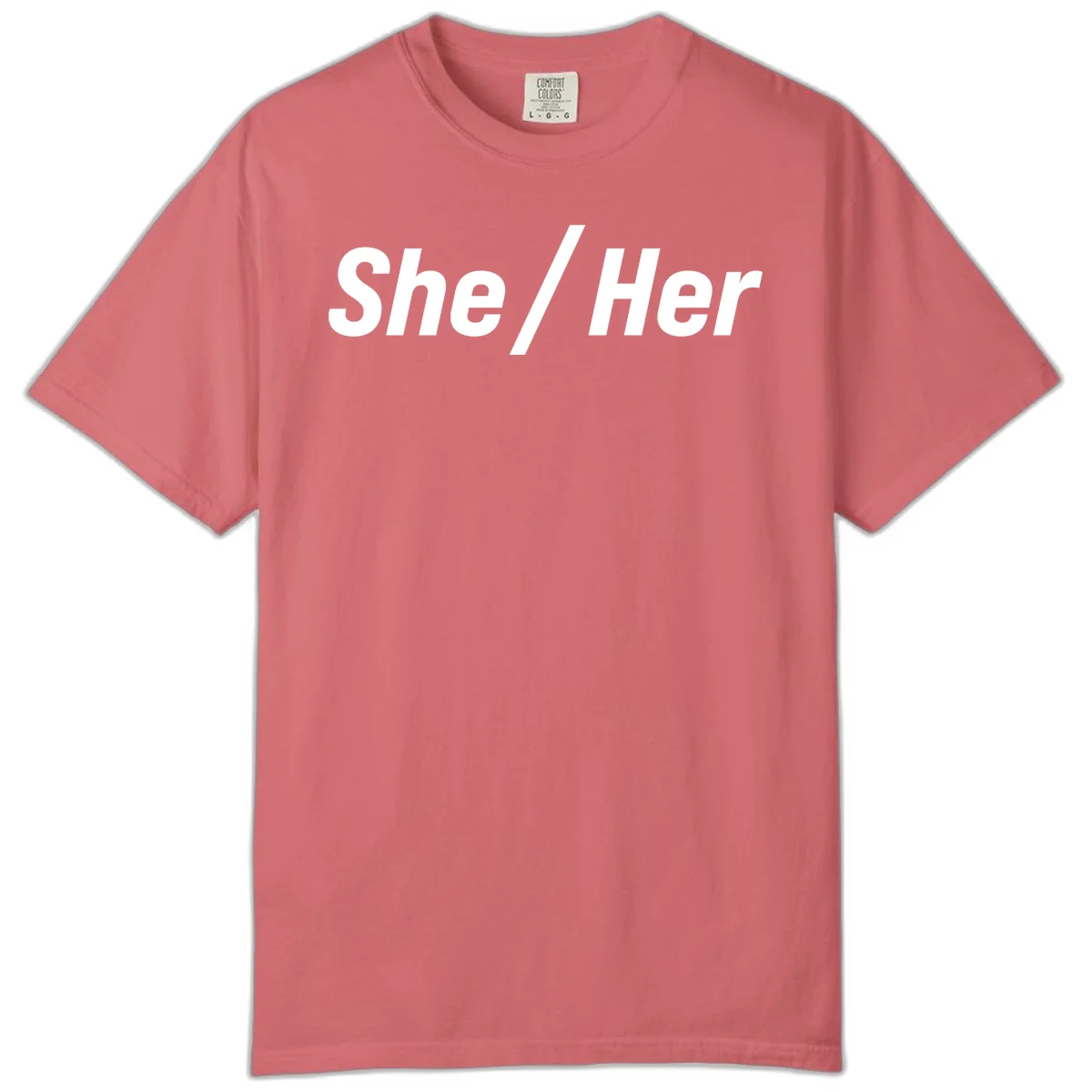 White text reading 'She / Her' in bold sans-serif font on gray background, pronoun statement design in Watermelon