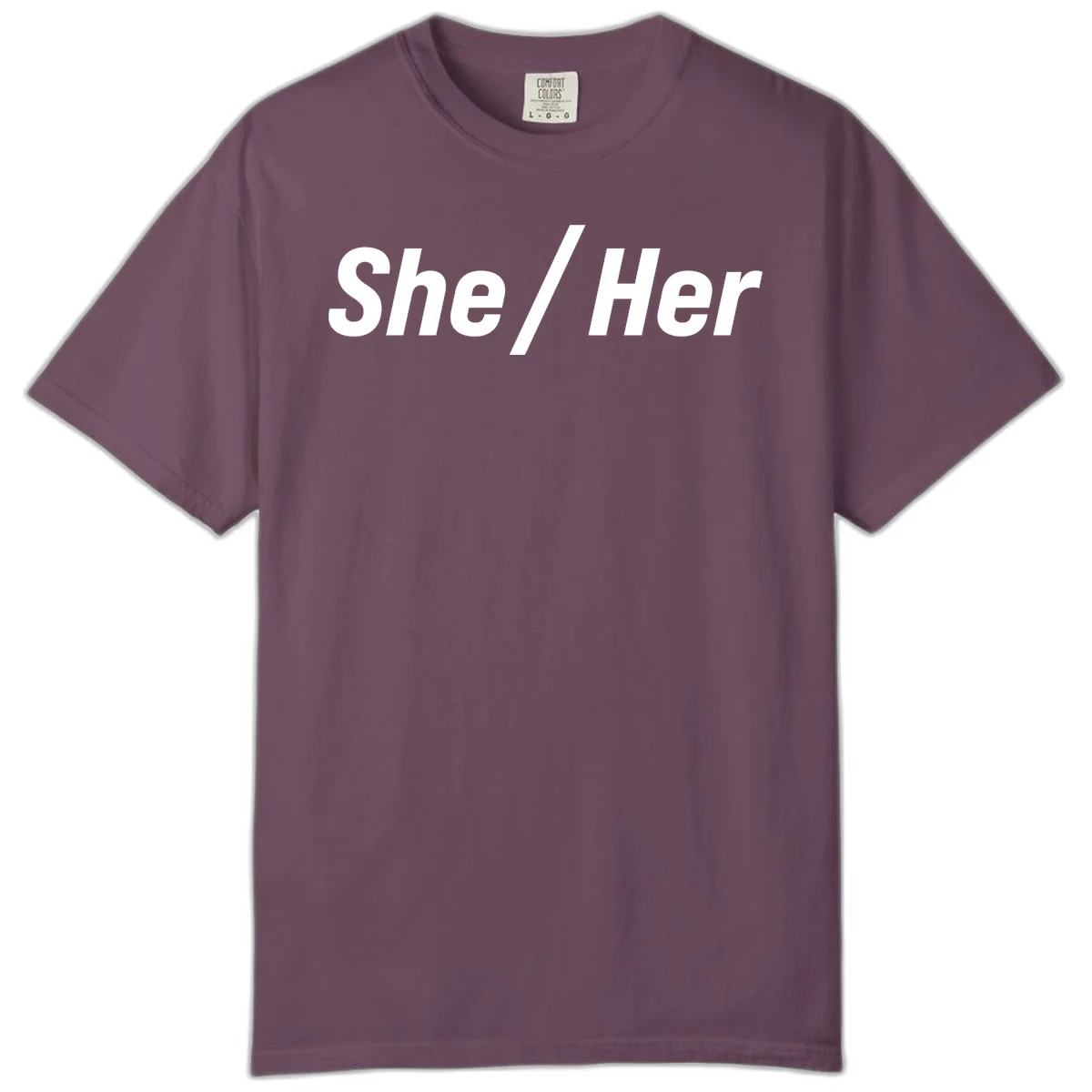 White text reading 'She / Her' in bold sans-serif font on gray background, pronoun statement design in Berry