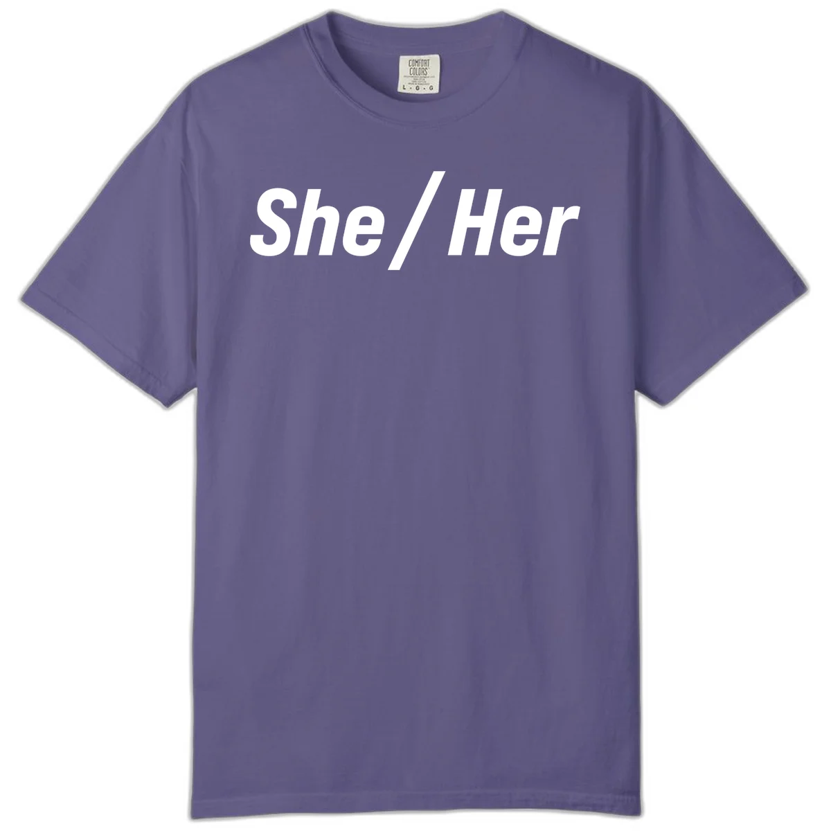 White text reading 'She / Her' in bold sans-serif font on gray background, pronoun statement design in Grape
