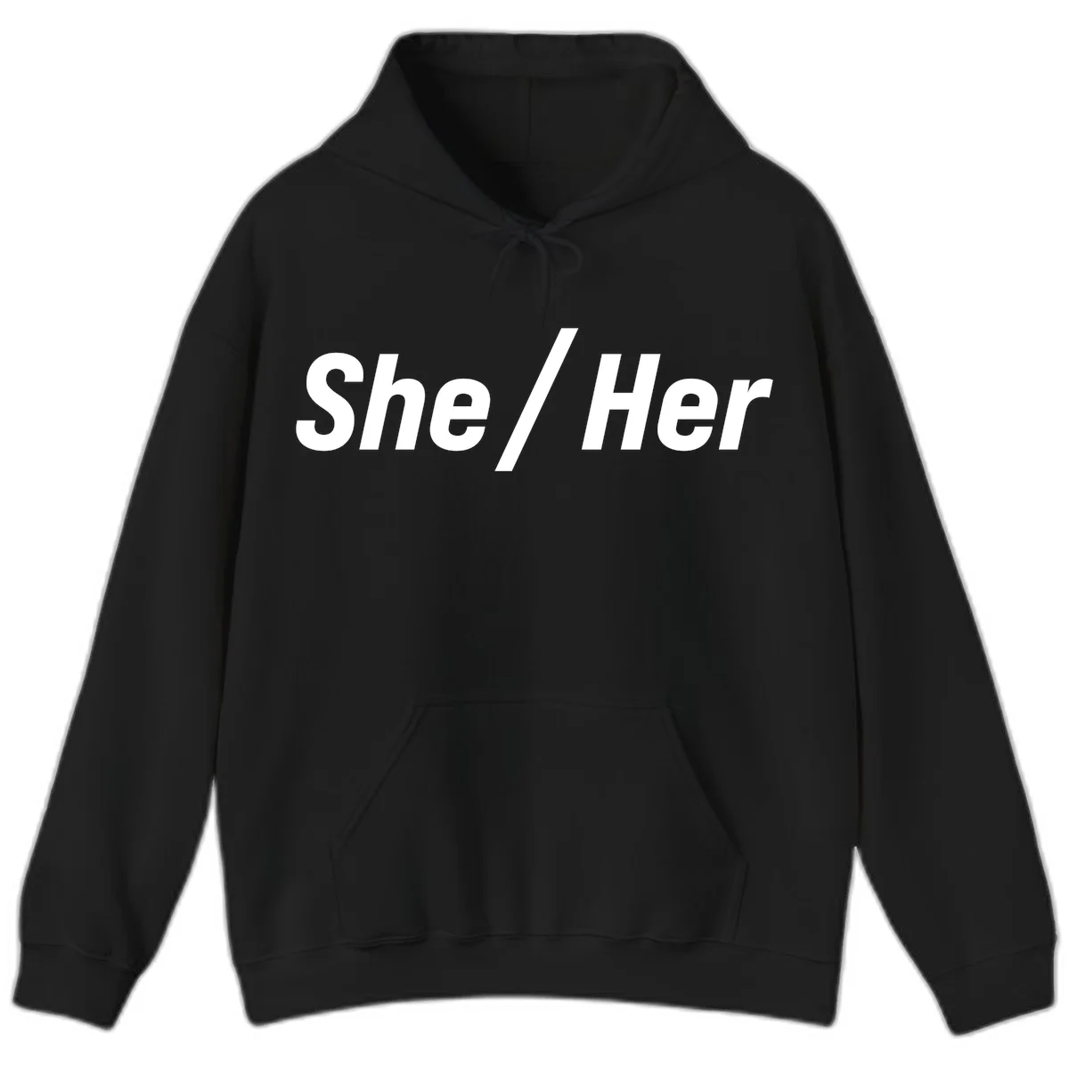 White text reading 'She / Her' in bold sans-serif font on gray background, pronoun statement design in Black