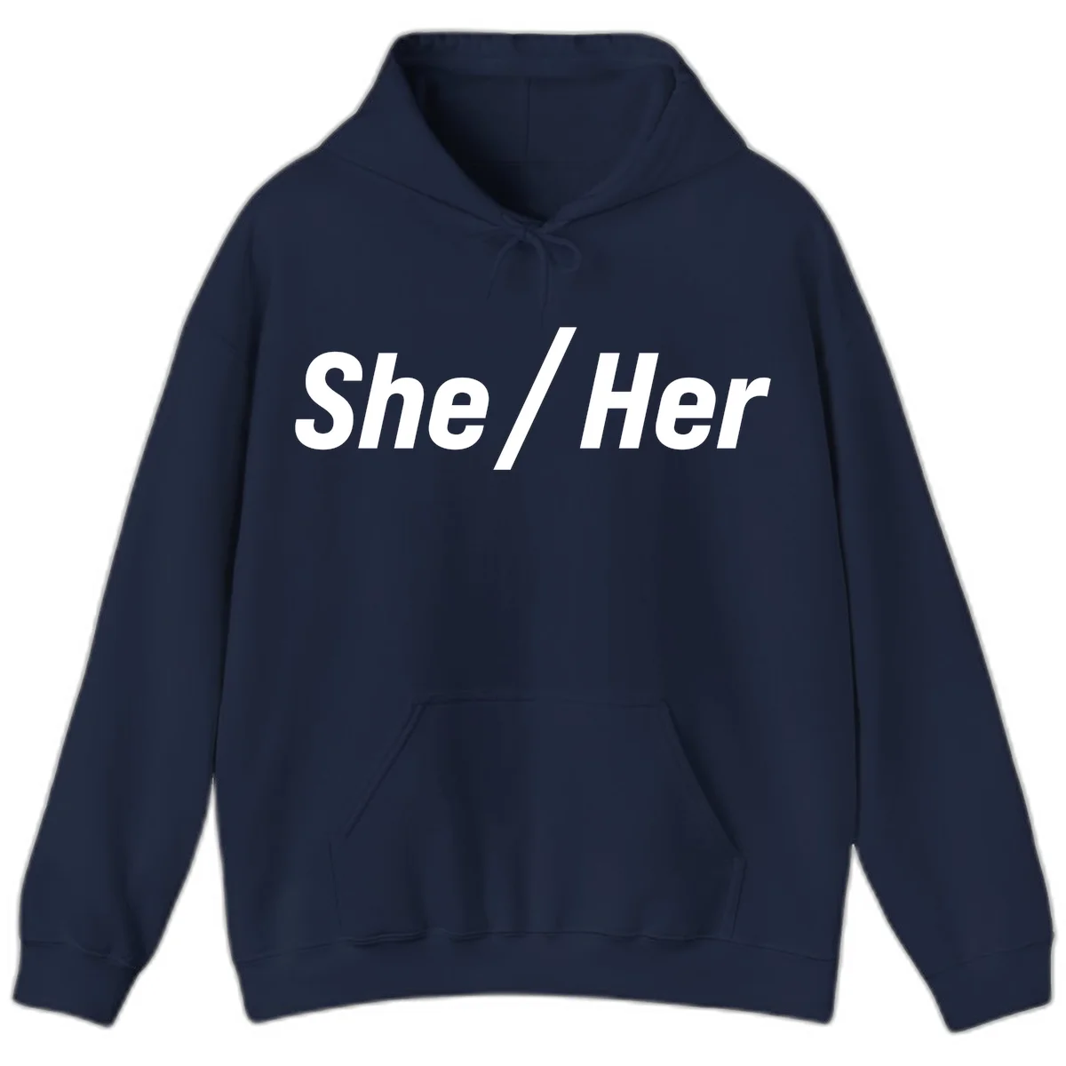 White text reading 'She / Her' in bold sans-serif font on gray background, pronoun statement design in Navy