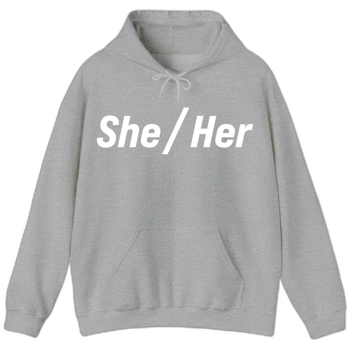 White text reading 'She / Her' in bold sans-serif font on gray background, pronoun statement design in Sport Grey