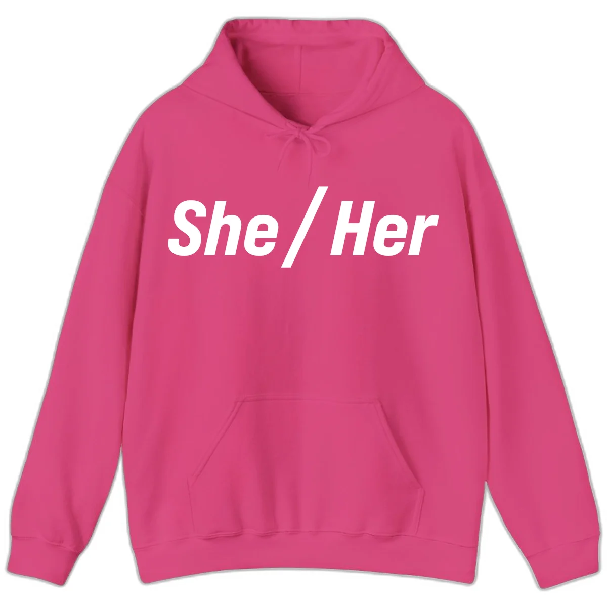 White text reading 'She / Her' in bold sans-serif font on gray background, pronoun statement design in Heliconia