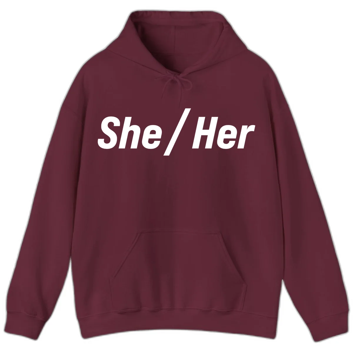 White text reading 'She / Her' in bold sans-serif font on gray background, pronoun statement design in Maroon