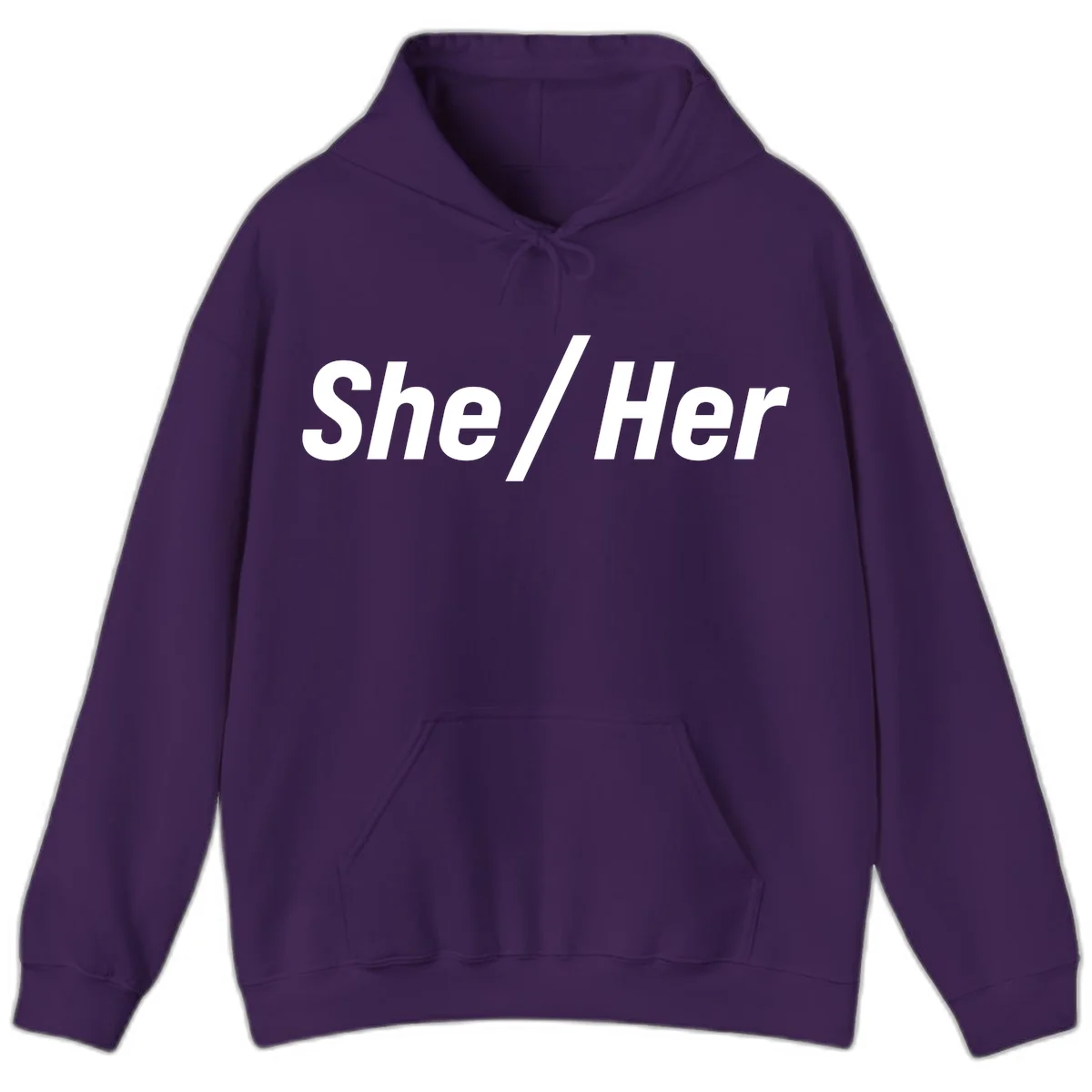 White text reading 'She / Her' in bold sans-serif font on gray background, pronoun statement design in Purple