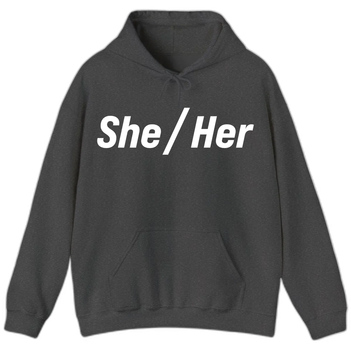 White text reading 'She / Her' in bold sans-serif font on gray background, pronoun statement design in Dark Heather