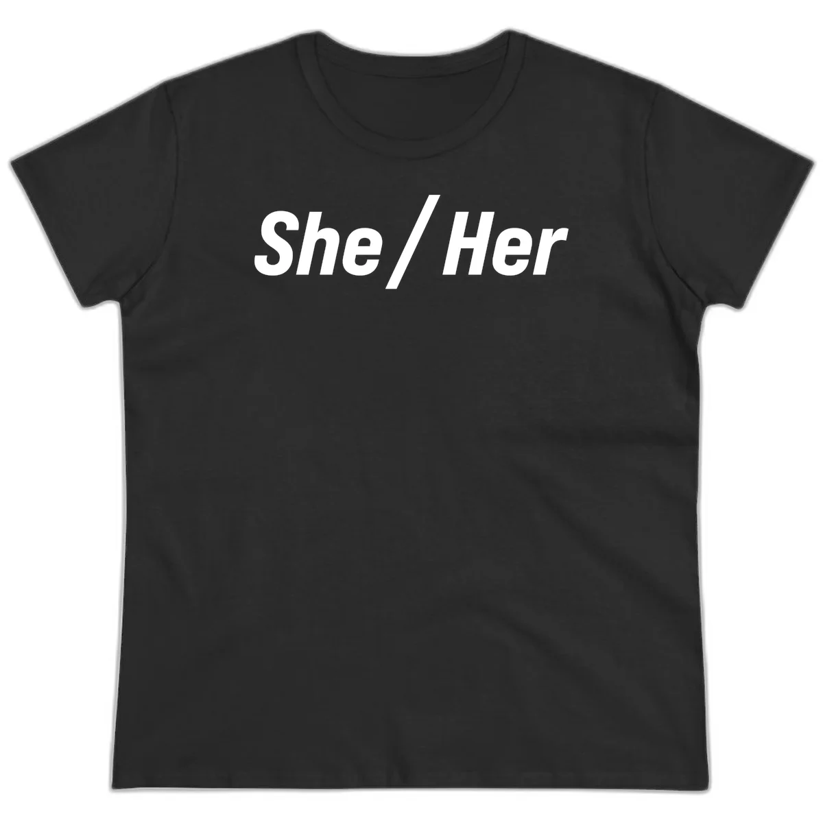 White text reading 'She / Her' in bold sans-serif font on gray background, pronoun statement design in Black