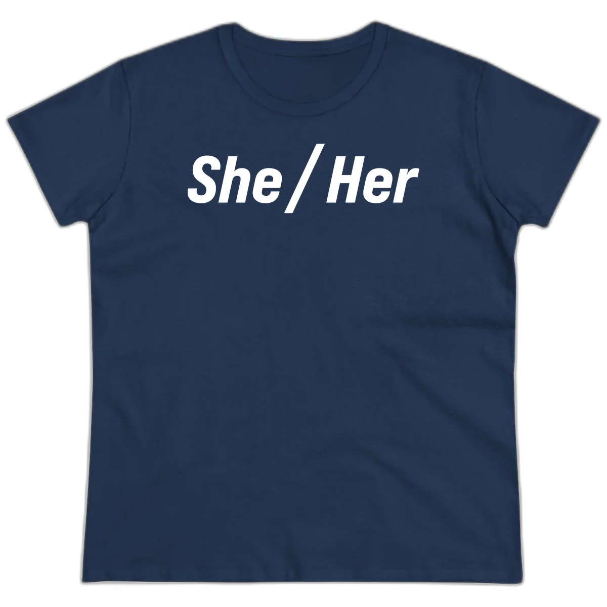 White text reading 'She / Her' in bold sans-serif font on gray background, pronoun statement design in Navy