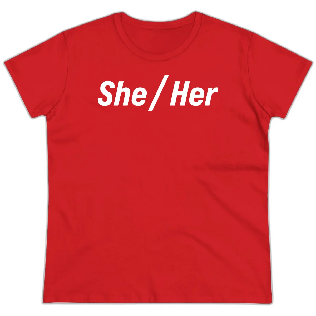 White text reading 'She / Her' in bold sans-serif font on gray background, pronoun statement design in Red