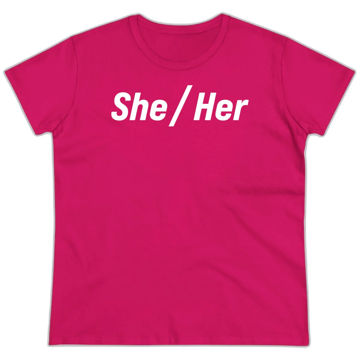 White text reading 'She / Her' in bold sans-serif font on gray background, pronoun statement design in Heliconia