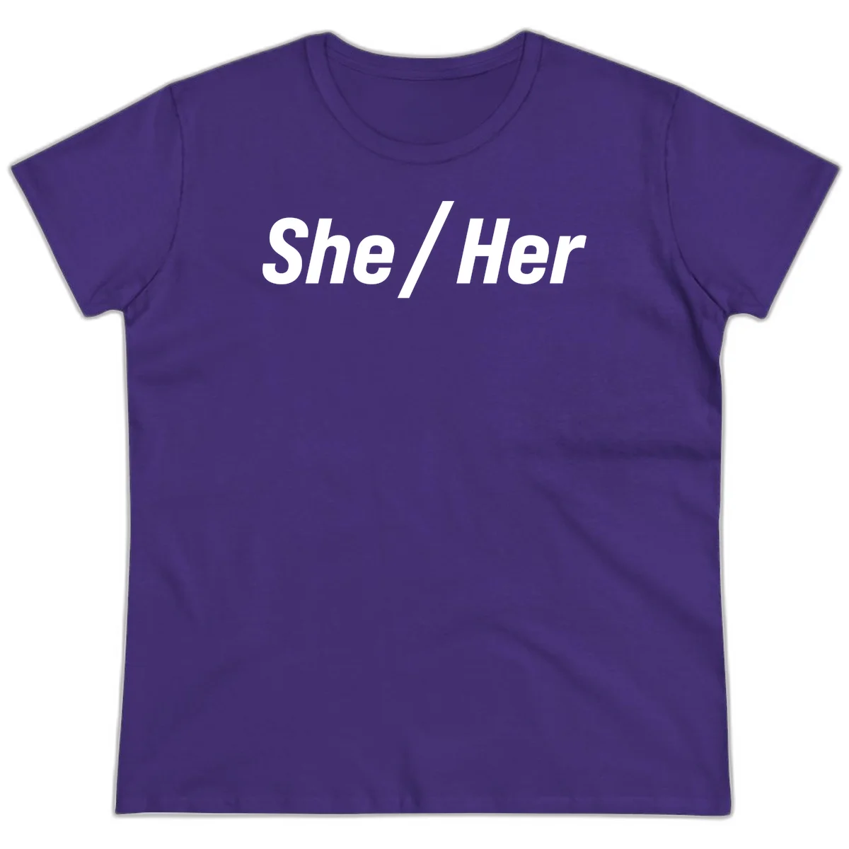 White text reading 'She / Her' in bold sans-serif font on gray background, pronoun statement design in Purple